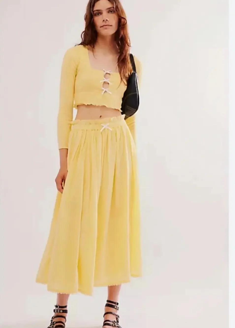 NWT Free People yellow crinkle gauze midi skirt size M